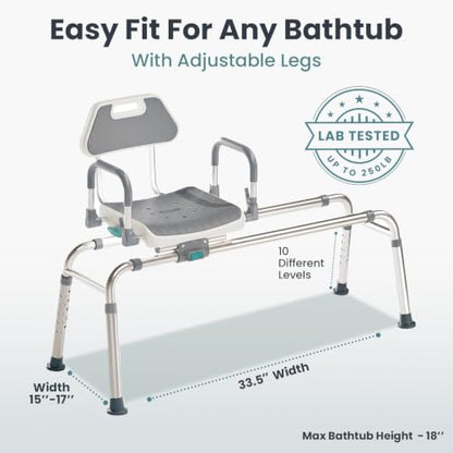 Sliding Shower Chair Tub Transfer Bench with Swivel Seat, Shower Bench for Elderly and Disabled, with Security Belt, 360 Rotation, Slides and Rotates, Adjustable,one Touch Slide Button, Grey - color: Grey