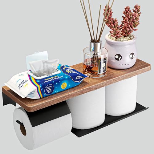 Double Toilet Paper Holder with Wide Solid Wood Shelf | 16" x 5.31" Double Roll Holder Fits Phone & Large Wipes Storage | Rust-Resistant for Rustic Farmhouse Bathrooms Organizer - color: Black