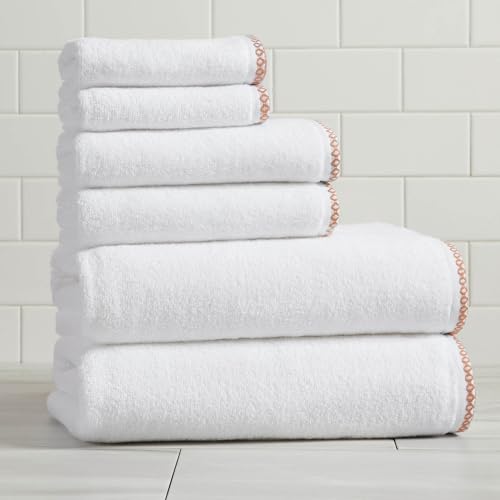 Great Bay Home Clay/White Bath Towel Set - Ultra-Soft Cotton, Boho-Chic Border Design - 2 Bath Towels, 2 Hand Towels, 2 Washcloths - Absorbent, Quick-Dry, Lightweight Bathroom Towels - color: White / Clay, size: Set (Pack of 6)
