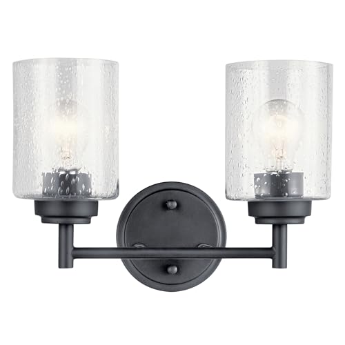 Kichler Winslow 2-Light Farmhouse Vanity Light, Black | Clear seeded glass vanity light with industrial styling (12.75" x 9.25" x 6.5"), 45885BK - color: Black, size: 13"