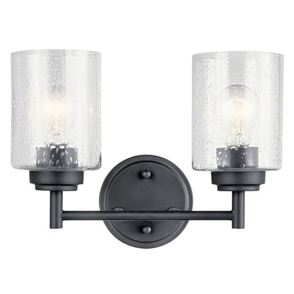 Kichler Winslow 2-Light Farmhouse Vanity Light, Black | Clear seeded glass vanity light with industrial styling (12.75" x 9.25" x 6.5"), 45885BK - color: Black, size: 13"