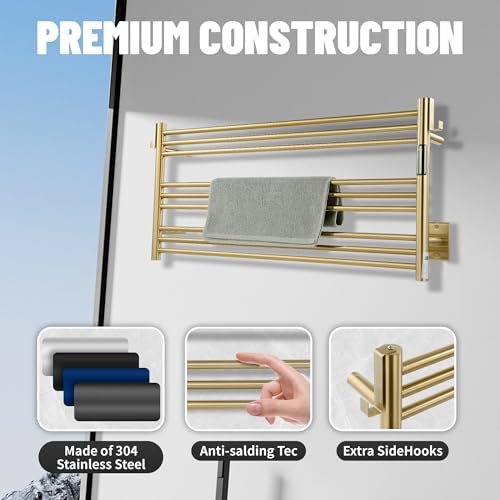 K&KALONZO Wall-Mounted 9-Bar Heated Towel Rack, Fast Heat in 2 Min, NTC Safety | 4 Timers & 3 Heat Levels Control, Plug-In/Hardwired, Top Hooks, Memory Function, Anti-Scald, Stainless Steel, EL13LG - color: Brushed Gold, size: H 19.7 x W 41.9