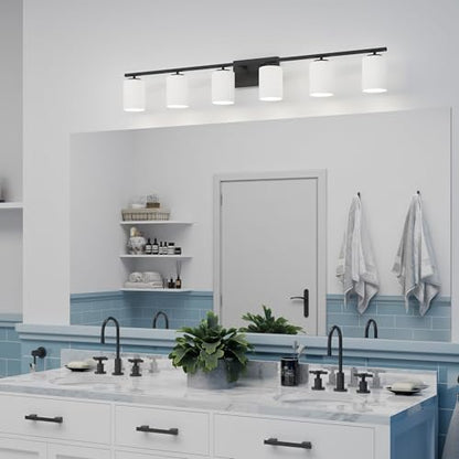 Progress Lighting Replay Collection 48 in. 6-Light Textured Black Etched White Glass Modern Bath Vanity Light - color: Textured Black, size: 6-Light