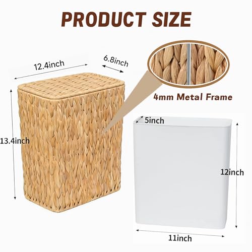 Wicker Trash Can,3 Gallon Bathroom Trash Can with Lid,Natural Water Hyacinth Wicker Waste Basket with Removable Liner, for Bedroom, Toilet, Narrow Spaces - size: Large