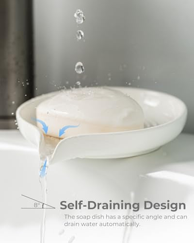 Zoeeker Self Draining Soap Dish, Ceramic Drain Soap Holder Waterfall Design | Bar Soap Dish with Drainage Round Kitchen Soap Saver for Shower, Bathroom, Sink, Kitchen and Countertop, Keeps Dry, White - color: White, size: Round