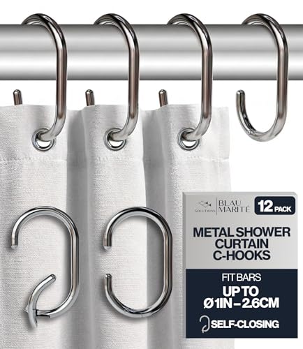 12 Metal Shower Curtain Hooks, Rust-Proof Decorative C-Shaped Curtain Hooks for Bathroom, Chrome Shower Curtain Rings, Fits Rods Up to 1 Inch (C, Silver) - color: Silver, size: Curtain C