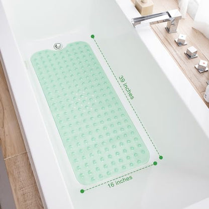TEESHLY Bathtub Mats for Shower Tub, Extra Long Non-Slip 39 x 16 Inch Bath Mat with Drain Holes and Suction Cups, BathMat for Bathroom with Machine Washable (Clear Green) - color: Clear Green