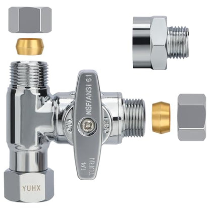3/8" Compression Tee, 3/8 water line splitter for Dishwasher, Refrigerators | Brass Angle Stop Add-A-Tee Valve,Under Sink T Water Line Connector with Shut-Off for Second Faucet,3/8" x 3/8" x 3/8" or 1/4" - size: 3/8"x3/8"x3/8" or 1/4"