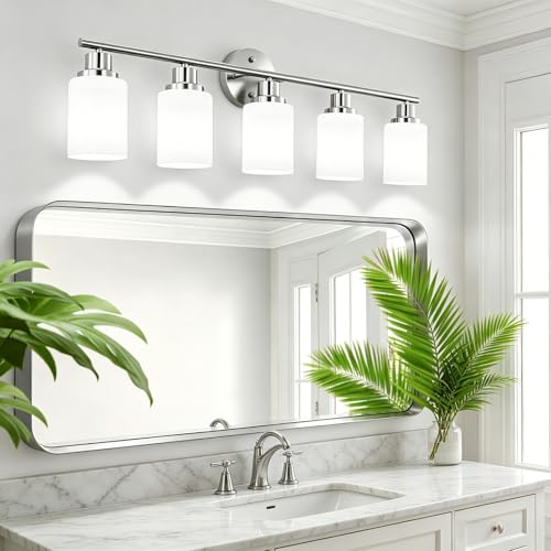5-Light Brushed Nickel Vanity Lights, Bathroom Light Fixtures with Textured Milky White Glass Shade, Modern Bathroom Lighting Fixtures Over Mirror Wall Sconce Light - E26 Base - color: Nickel, size: 31.4 Inch : 5-Light
