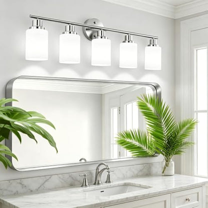 5-Light Brushed Nickel Vanity Lights, Bathroom Light Fixtures with Textured Milky White Glass Shade, Modern Bathroom Lighting Fixtures Over Mirror Wall Sconce Light - E26 Base - color: Nickel, size: 31.4 Inch : 5-Light