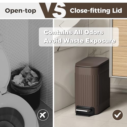 TrashAid Slim Bathroom Trash Can with Lid Soft Close & Pedal, 1.6Gal, Brown | Removable Inner Bucket, Stainless Steel Garbage Can, Small Wastebasket for Toilet/Office/Bedroom, Retro Design, Odor Control - color: Brown