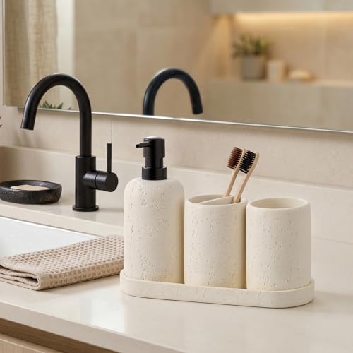Bathroom Accessories Set,4 PCS Travertine Stone Look Collection,Cream | Modern Bath Organizer with 13.53 OZ Soap Dispenser, Toothbrush Holder, Tumbler, Vanity Tray for Countertop Kitchen Sink - color: Cream