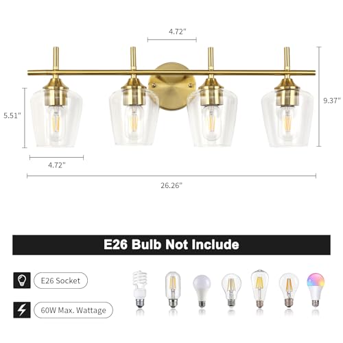 foucasal Bathroom Light Fixtures 4-Light Gold Bathroom Vanity Light | Win Glass Clear Shade, Modern Wall Lights for Bathroom Bedroom Hallway Living Room (Gold, 4-Light) - color: Gold & Clear E26, size: 4-light