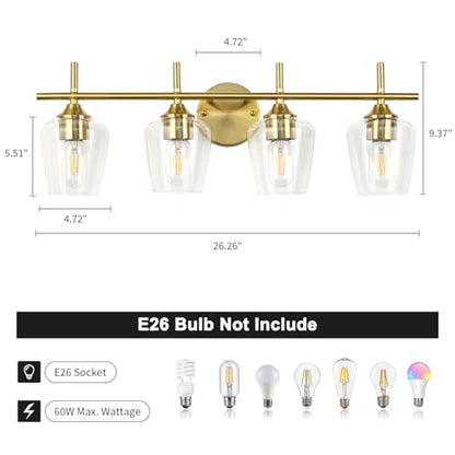 foucasal Bathroom Light Fixtures 4-Light Gold Bathroom Vanity Light | Win Glass Clear Shade, Modern Wall Lights for Bathroom Bedroom Hallway Living Room (Gold, 4-Light) - color: Gold & Clear E26, size: 4-light