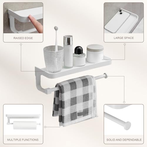 Paper Towel Holder Wall Mount with Shelf, Bathroom/Kitchen Paper Towel Holder, Effortless One-Handed Tear, Rust-Proof Metal for Bedroom - color: White