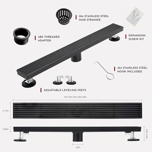 Linear Shower Drain, 24 inch Matte Black | Including Hair Catcher and Removable Grate, 304 Stainless Steel, Easy to Install and Clean (Drain Base Not Included) - color: Matte Black, size: 24 inch