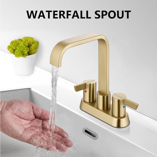 Brushed Gold Waterfall Bathroom Faucet 4 Inch Centerset,2-Handle | Stainless Steel 3-Hole Deck-Mount Design Includes Supply Lines and Pop-Up Drain for a Complete Vanity Installation - color: Brushed Gold