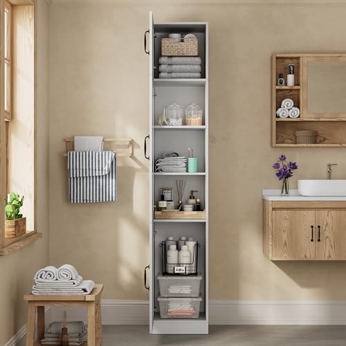 Sweet Memory 86 Inch Tall Bathroom Storage Cabinet, Thin Bathroom Organizer with 5 Tier Shelves and Glass Door, Freestanding Small Space Storage Cabinet for Bedroom, Laundry Room, Kitchen