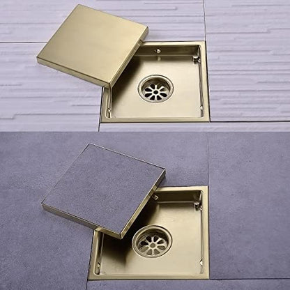 TRUSTMI 6 Inch Square Invisible Bathroom Shower Floor Drain with Removable Tile Insert Grate Cover, Brushed Gold, SUS 304 Stainless Steel - size: Tile-Insert