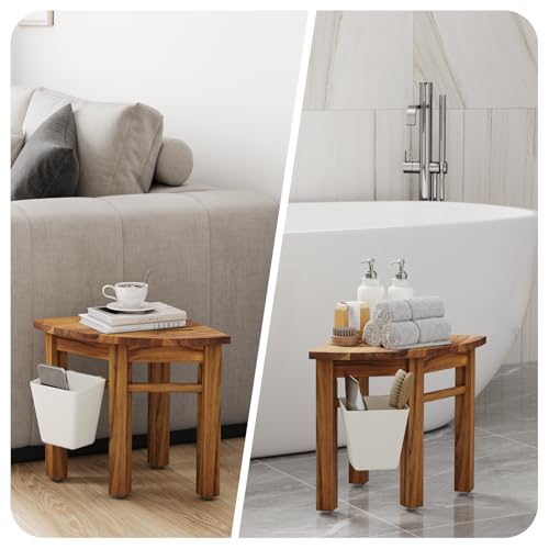 Kiasthome Teak Corner Shower Bench, Waterproof Bathroom Teak Shower Bench, Sturdy Non-Slip Bath Shower Foot Stool for Shaving Legs with Storage Basket - size: Small