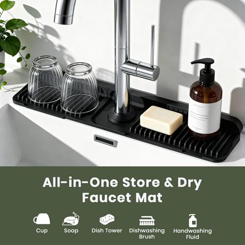 24 Inch Faucet Mat for Kitchen Sink, Silicone Splash Guard for Kitchen Sink Area, 7° Slope Fast Self-Draining Sink Mat, Cuttable Hole Design, Sink Backsplash Guard Draining Mat, Black - color: Black