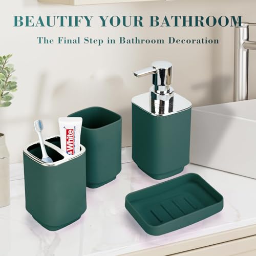 4Pcs Dark Green Bathroom Set, Square Boho Soap & Toothbrush Holder Set | Thick shatterproof ABS, electroplated rust-proof pump, drip-free, multi-slot holder, dustproof lids, easy-clean - color: Dark Green, size: 4PCS
