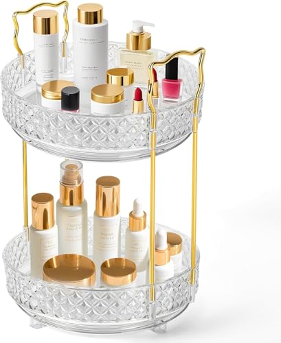360 Rotating Makeup Organizer for Vanity, 2Tier Adjustable Perfume Organizer for Dresser, Multi-Function Spinning Cosmetics Skincare Storage for Bedroom, Dresser, Countertop, Clear - size: 2 Tier
