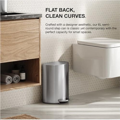 simplehuman Semi-Round Step Can, 6L / 1.6 Gallon Bathroom Trash Can, Liner Pocket®, Sleek Internal Hinge, 150,000-Step Pedal, Lid Shox® Silent Close, Brushed Stainless Steel - color: Brushed Stainless Steel