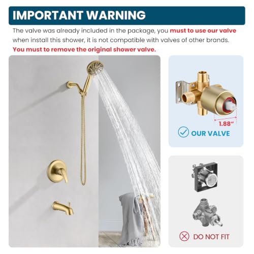 gotonovo Tub Shower Faucet Set with Valve 6 Mode Handheld Brushed Gold | Bathtub Faucet Set,6 Mode ABS Handheld Spray,6.3’’ Metal Tub Spout,Brass Valve Trim Kit,Shower Head and Handle Kit,Wall Mount - color: Gold