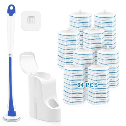 JEHONN Disposable Toilet Brush with 64 Wand Cleaner Refills, Wall Mounted Toilet Bowl Brush Holder Set, Bathroom Cleaning System for Sink Bathtub Wash Basin (Blue)