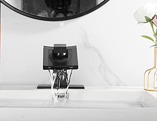 Black Waterfall Glass Spout Bathroom Faucet with Cover Plate Deck Mount | Single Handle One Hole Bath Sink Faucet Vanity Lavatory Basin Mixer Tap - color: Black, style: No Led