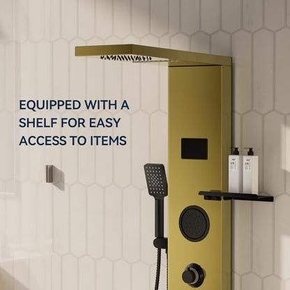Homevacious 4 In 1 Shower Panel System with Shelf Polished Gold | LED Rain Shower Head Adjustable Massage Body Jets 3 Functions Handheld Head Tub Spout Stainless Steel - color: Polished Gold and Black, style: LED Shower Panel