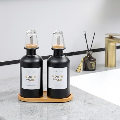 11.8OZ Glass Mouthwash Dispenser, Set of 2, Black | Stainless Steel & Bamboo Nozzle, Reusable Mouthwash Cup, Bamboo Tray, Elegant Gold Sticker - color: Black/350*2