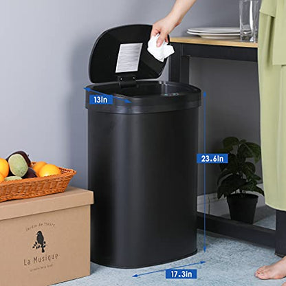 13 Gallon 50 Liter Garbage Can Kitchen Trash Can with Lid Automatic Sensor Touch Free Stainless Steel Waste Bin for Bathroom Bedroom Home Office,Black - color: Black, style: Stainless Steel