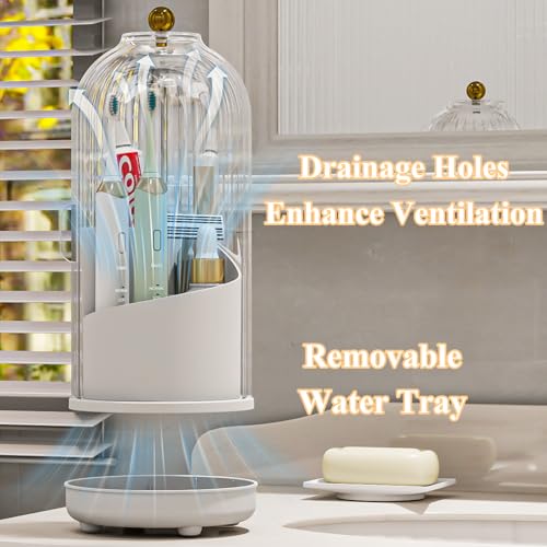 Drainable Toothbrush Toothpaste Holders with Cover, Transparent | Drainage Holes, Waterproof and Dustproof, 360° Rotating Base, Sliding Door, for Bathroom Counter - color: Transparent