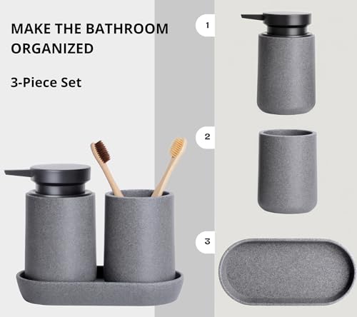 Clasin Home 3 Pcs Bathroom Accessories Set, Liquid Soap Dispenser with Large Pump, Toothbrush Holder Cup and Soap Dish, Sandstone Texture Bathroom Counter Set for Modern Home (Gray) - color: Gray