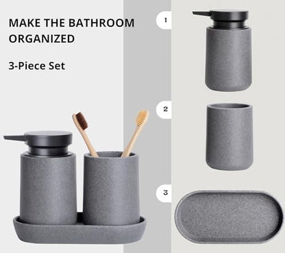Clasin Home 3 Pcs Bathroom Accessories Set, Liquid Soap Dispenser with Large Pump, Toothbrush Holder Cup and Soap Dish, Sandstone Texture Bathroom Counter Set for Modern Home (Gray) - color: Gray