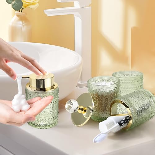 DASITON Bathroom Accessories Set,4Pcs Glass Bathroom Counter Set with Foaming Soap Dispenser,Toothbrush Holder,Bathroom Tumbler,Cotton Swab Jars, for Vanity Bathroom Decor(Green A) - style: Green A