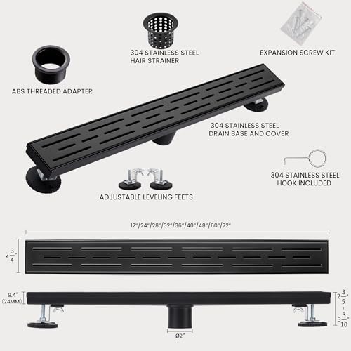 Linear Shower Drain, 32" Matte Black, Easy to Install & Clean | Including Hair Catcher & Removable Grate, Fits No-hub System, 304 Stainless Steel(Drain Base Not Included) - color: Matte Black, size: 32 inch