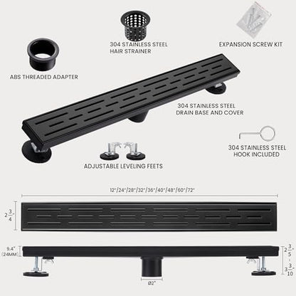 Linear Shower Drain, 12" Matte Black, Easy to Install & Clean | Including Hair Catcher & Removable Grate, Fits No-hub System, 304 Stainless Steel(Drain Base Not Included) - color: Matte Black, size: 12 Inch
