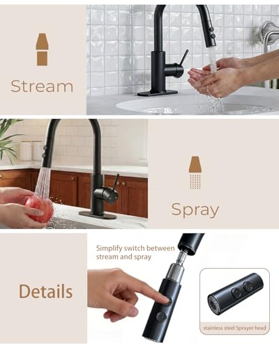 Bathroom Faucets with Pull Down Sprayer, Bar Sink Faucet Single Hole for Kitchen Campers with Pop-Up Drain Hose, Suitable for Farmhouse Vanity Lavatory - color: Matte Black, style: Pull Down