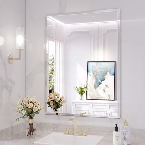 Frameless Bathroom Mirror, 24"x32" Beveled Bathroom Vanity Mirror | 15mm beveled edge, frameless, 5mm HD glass, anti-rust, french cleat, horizontally or vertically, for bathroom/bedroom - size: 24"L x 32"W
