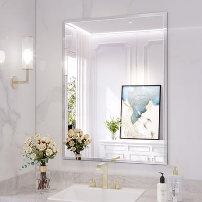 Frameless Bathroom Mirror, 24"x32" Beveled Bathroom Vanity Mirror | 15mm beveled edge, frameless, 5mm HD glass, anti-rust, french cleat, horizontally or vertically, for bathroom/bedroom - size: 24"L x 32"W