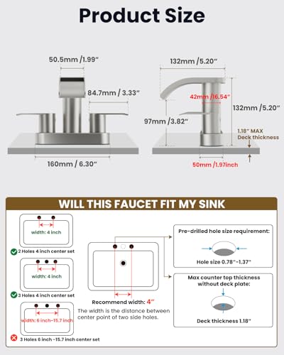 gotonovo 4’’ Centerset Bathroom Sink Faucet Waterfall Brushed Nickel | SUS304 Bathroom Faucet,2.17’’ Wide Spout,24’’ cUPC Water Line,Pop up Drain,2 Handle,Basin,Vanity,RV,Lavatory 2 or 3 Hole Sink - color: Nickel
