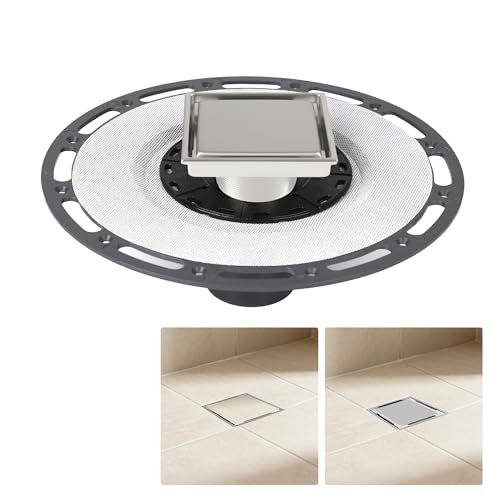 4-Inch Square Shower Drain Kit, Tile Insert Grate & Bonding Flange | Brushed 304 stainless steel tile insert cover with hair strainer; fits 2- and 3-inch pipes for tiled floors and wet areas - size: 4in Tile Insert - Brushed Steel