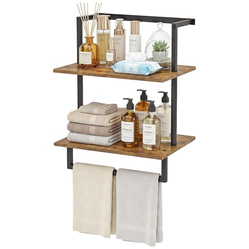 Wall Mounted Towel Rack for Bathroom Rustic Brown | Bath Storage Holder, 3-Tier 15.7" Wide, Steel Wood Towel Shelf with Bar - color: Rustic Brown