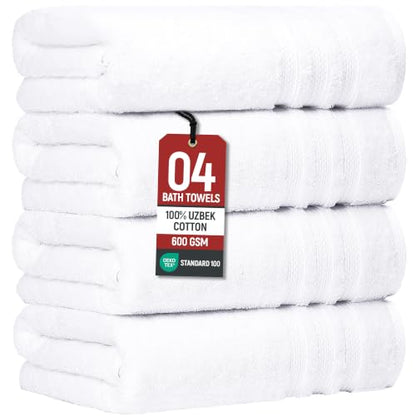 Bath Towels Set of 4 Extra Large Towels Set, 30x60 in, 100% Uzbek Cotton 600 GSM, Oeko-TEX, Larger & Lighter Weight, Quicker to Dry, Super Soft and Absorbent, Perfect for Bathroom – White - color: White