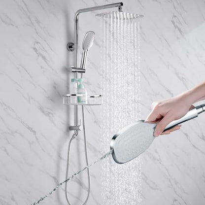 SonTiy Retrofit Shower System with Shelf, 12 Inch Stainless Steel Rain Shower Head with Handheld Sprayer, Shower Set with Slide Bar, Hose, Holder and Brass Diverter, 1.8 GPM, Chrome - color: Chrome, style: 1.8 Gallons Per Minute-Square