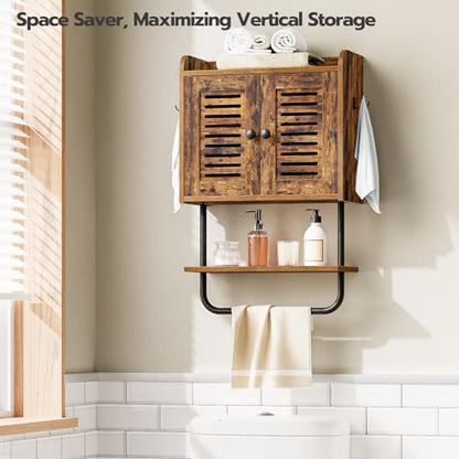 HOOBRO Bathroom Wall Cabinet, Double Doors Medicine Cabinet with Towel Bar, Adjustable Shelf, 2 Hooks, Over The Toilet Storage Cabinet, for Bedroom, Kitchen, Rustic Brown BF46CW01 - color: Rustic Brown + Black
