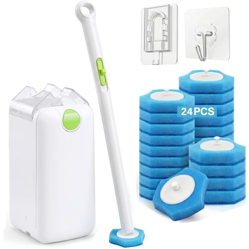 Disposable Toilet Brush and Holder Set, 24 Toilet Bowl Cleaner Wand Refills | Wall Mounted Disposable Toilet Cleaning Set, Pre-Soaked Toilet Bowl Cleaner, Bathroom Cleaning System for RV Bathtub Sink
